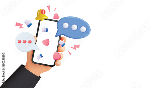 Hand Holding Smartphone with Social Media Reactions, Chat Bubbles, and Notification, Online Engagement and Interaction Concept