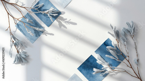 Blue watercolor cards and dried branches create serene composition with soft shadows on white background