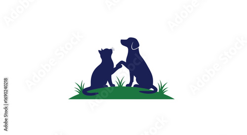 Vector art of dog and cat shaking hands on grass