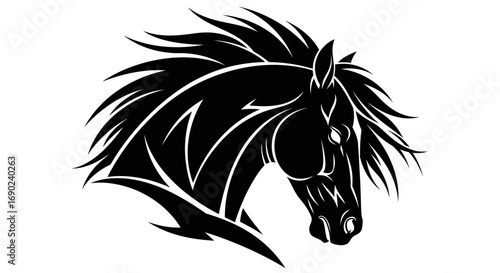 Vector art of black horse head with flowing mane