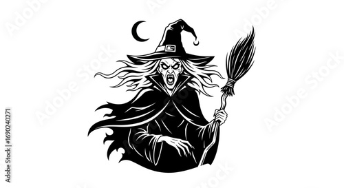 Vector art of scary witch with a broom and moon