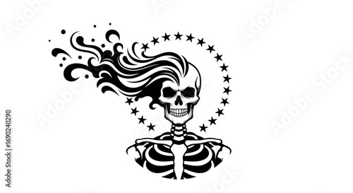 Vector art of skeleton with stars and fiery hair