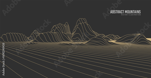 Contour mountain landscape. Waved line art. Abstract minimal topographic map. Contour lines with elevations and terrain depth. Vector illustration.