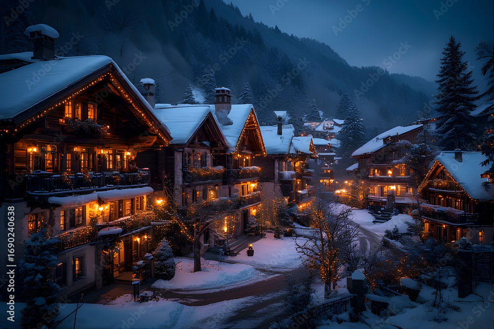 Fototapeta premium ia generated. Alpine village decorated with Christmas lights, snow on rooftops, dusk blue hour, ultra-detailed 