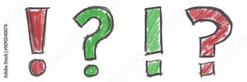 illustration: hand drawn question mark and exclamation mark in green and red collection isolated on white or transparent png