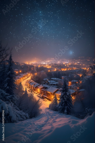 ia generated. Starry night sky above a snowy town glowing with warm streetlights, cinematic atmosphere