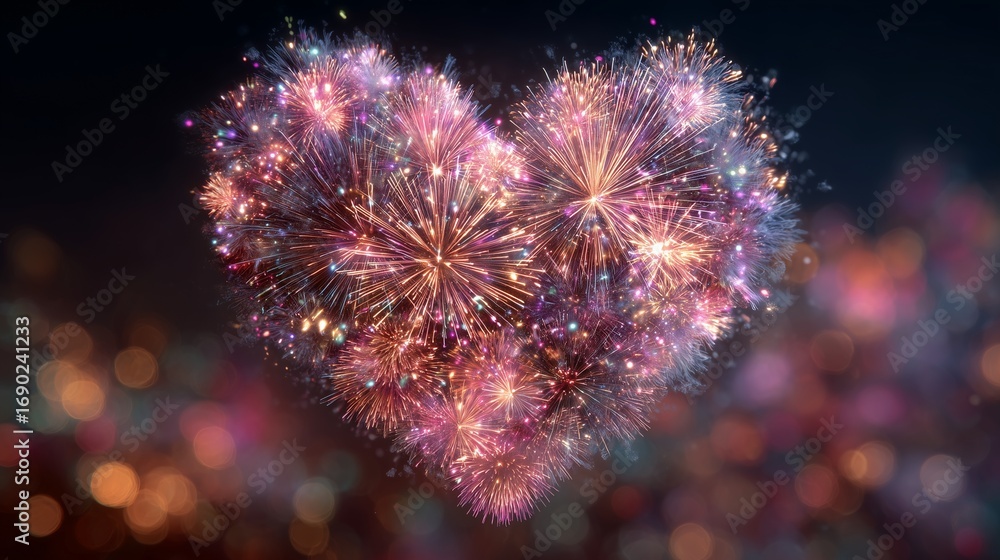 Fototapeta premium A New Yearâ€™s heart with fireworks bursting inside, confetti swirls, vibrant blurred background, celebration and hope concept