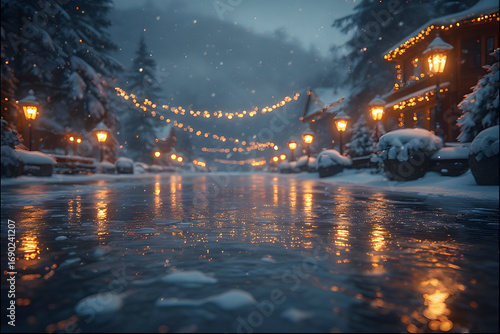 ia generated. Frozen lake reflecting Christmas lights from nearby houses, photorealistic winter landscape
