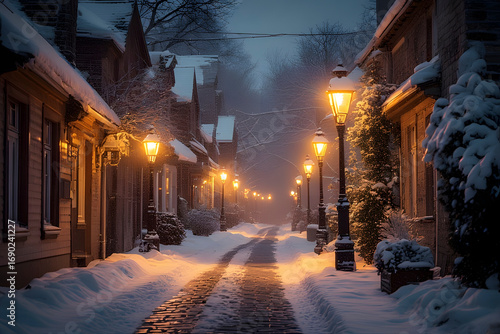 ia generated. Narrow cobblestone street covered in snow, old-fashioned lampposts glowing warmly, romantic atmosphere