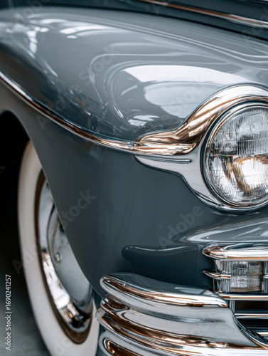 Close-up of a vintage luxury car's front end with distinctive chrome detailing