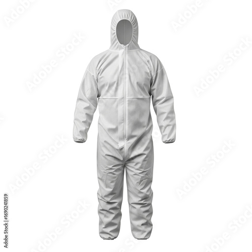 White disposable protective coverall with a hood as a hazmat suit for industrial safety work