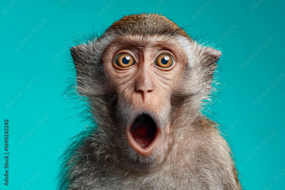 Obraz premium Surprised monkey with wide eyes and open mouth against a bright blue background