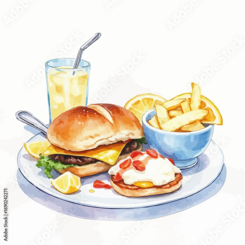 Colorful illustration of a burger and fries, delicious, joyful, meal presentation, fast food concept