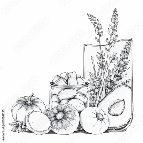 Detailed sketch of fruits and vegetables, artistic, botanical illustration, monochrome design