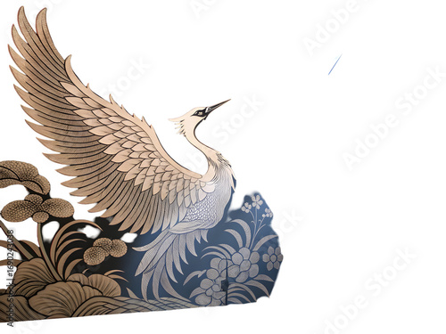 Illuminated Korean crane bird with outstretched wings on floral rock spotlight