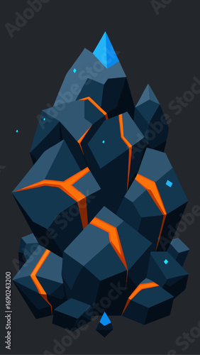 Low poly mountain with lava and blue gems