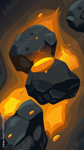 Floating stones in lava with gold coins