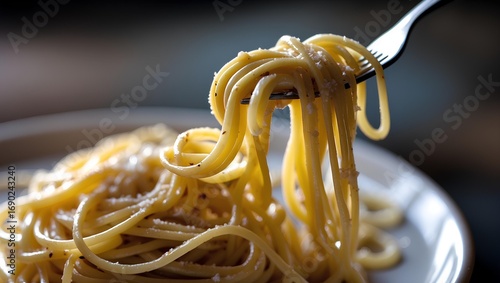 Spaghetti carbonara with grated cheese and parsley