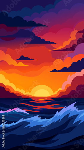 Cartoon sunset over ocean with dark clouds