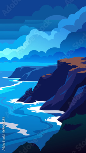 Coastal cliffs and ocean under cloudy sky