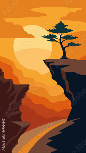 Silhouette tree on cliff at sunset scene