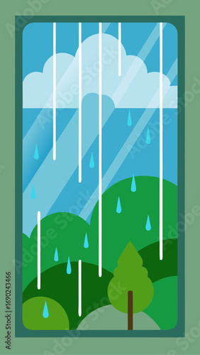 Rainy day view through a window pane