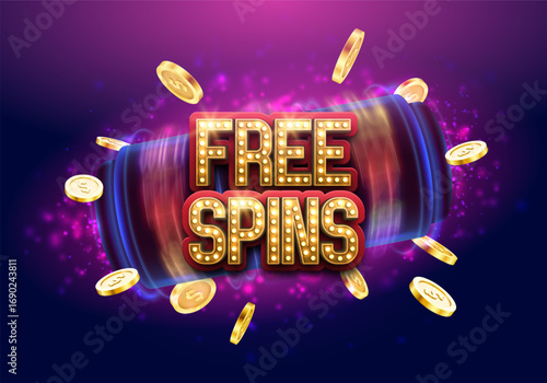 Free spins. Casino banner or poster with slot machine and golden coins on a bright background. Vector illustration.