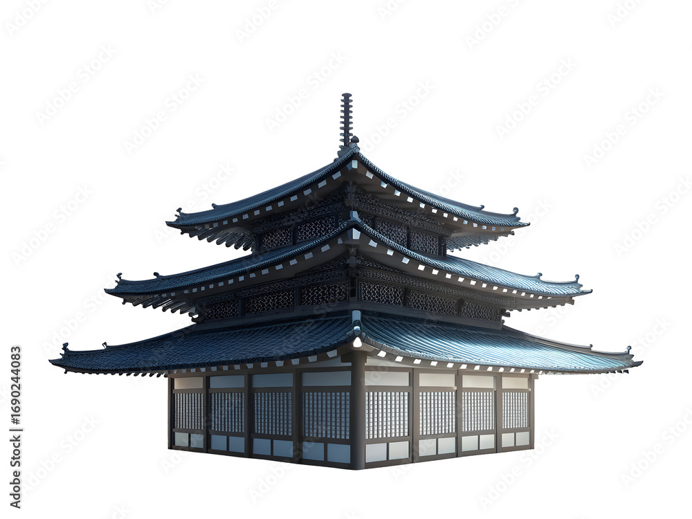 Obraz premium Illuminated multi-tiered pagoda roof with intricate patterns against black temple architecture