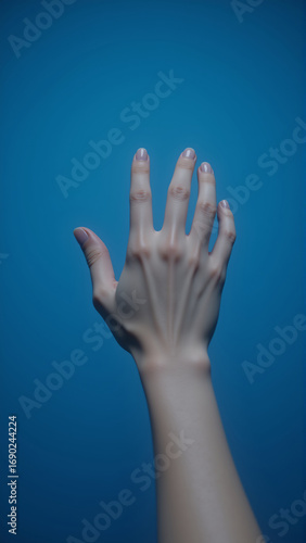Elegant Human Hand Raised Against a Smooth Blue Background Highlighting Texture and Light Play in a Contemporary Style