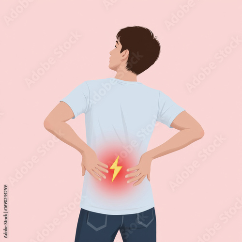 Person Experiencing Back Pain with Red Lightning Symbol Representing Discomfort on Soft Pink Background