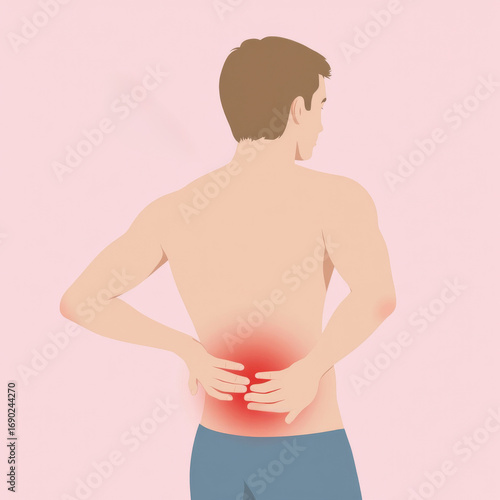 Man Touching Lower Back Experiencing Pain Relief with Red Area Illustration on Simple Background
