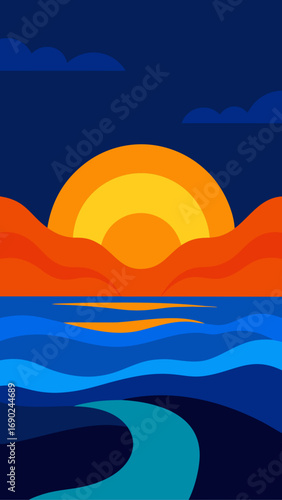 Illustration of sunset over water and hills