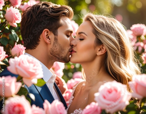 Romantic couple kissing amidst a rose garden