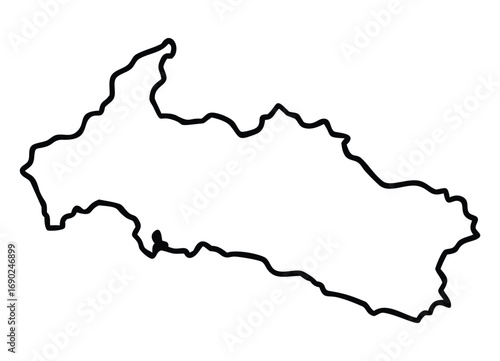 Outline map of a geographical region with jagged border and mountainous terrain shape