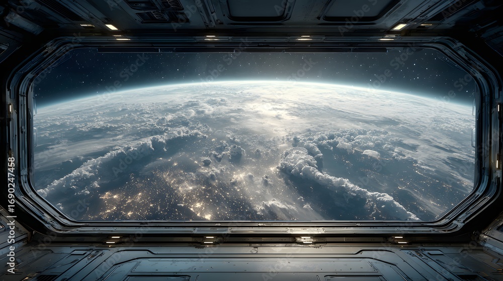 Obraz premium View of earth from a spaceship window with city lights visible