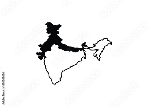 Outline map of india featuring a darkened northern region displaying geographic features