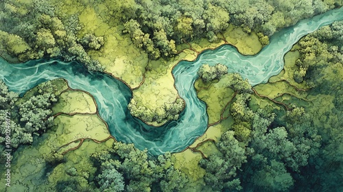 Watercolor aerial view displays winding river meanders through the green, dense forest canopy.