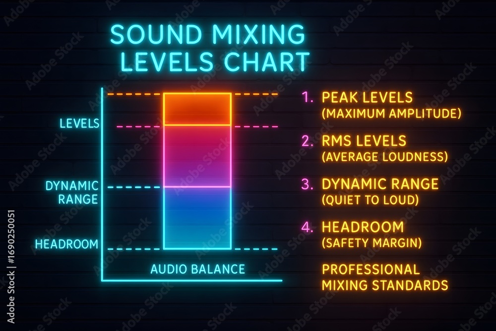 Obraz premium Neon Sound Levels Chart with Decibel Examples for Audio Engineering and Safety