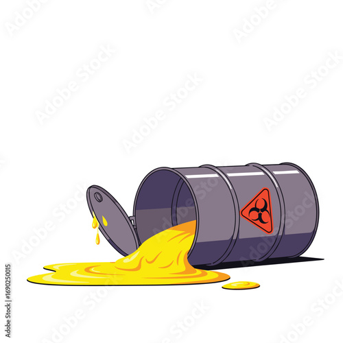 Cautionary biohazard barrel spills toxic waste, highlighting environmental danger and industrial risk