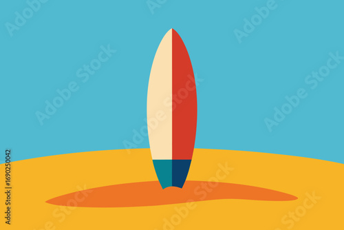 Vector art of a minimalist illustration of a surfboard standing upright on a sandy beach against a clear blue sky, capturing the essence of surfing culture