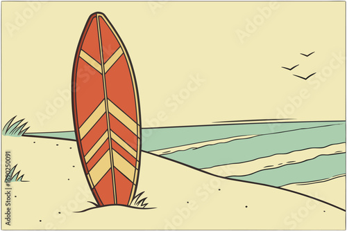 Vector art of a vintagestyle illustration features a surfboard standing on a sandy beach with the ocean in the background, capturing the essence of surfing culture