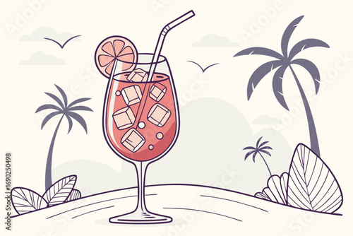 Vector art of a handdrawn cocktail illustration with ice cubes, a straw, and an orange slice, set against a beach background with palm trees and birds, evoking a tropical paradise