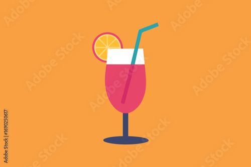 Vector art of a vibrant cocktail illustration featuring a refreshing drink with a straw and orange slice, set against a warm orange backdrop, evoking a summery and tropical vibe