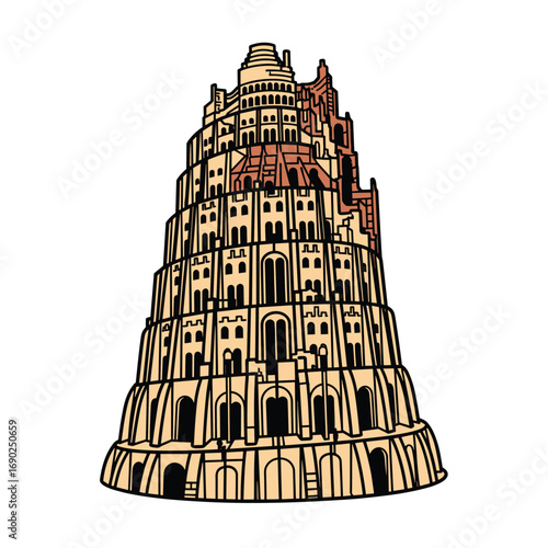 Iconic Tower of Babel illustration evokes ancient history, ambition, and human endeavor