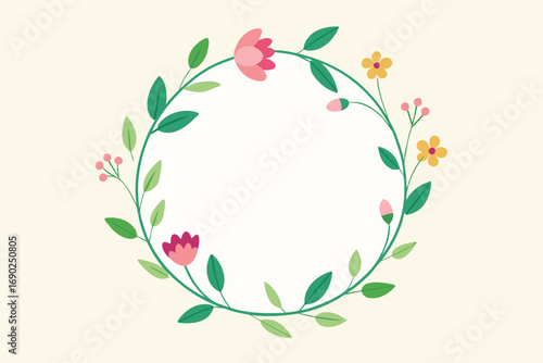 Vector art of a delicate floral wreath with pink and yellow flowers, intertwined with lush green leaves, creating a charming circular frame on a soft background