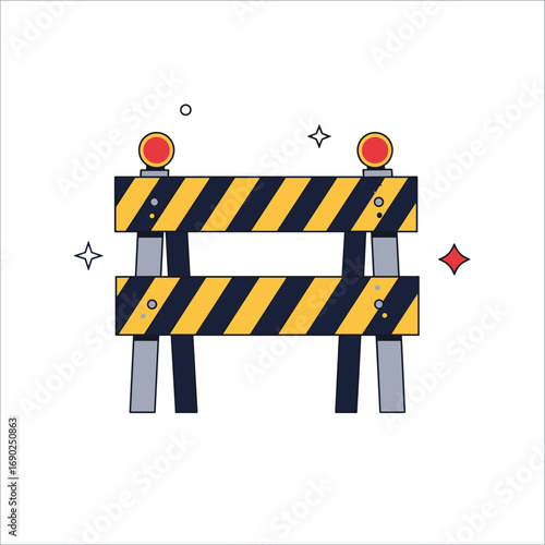 Alert construction barrier with warning lights signals temporary road closure or safety zone ahead