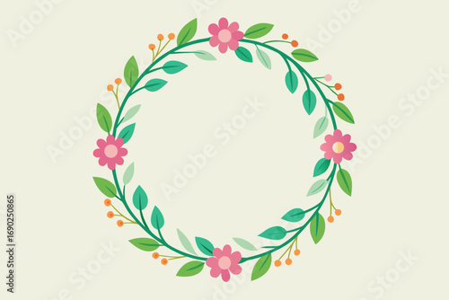 Vector art of a charming floral wreath with pink blossoms and verdant leaves, creating a delightful circular frame for invitations or decorative designs on a light backdrop
