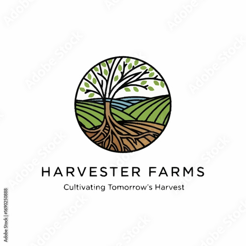 Harvester Farms logo featuring a tree with roots and fields in a circle.