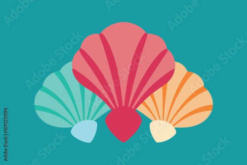 Vector art of a trio of stylized seashells in shades of pink, teal, and orange, clustered together on a teal background, creating a simple, summery, and beachy design