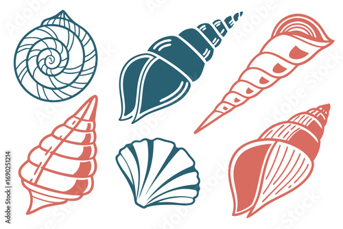 Vector art of a collection of seashells in various shapes and sizes, featuring intricate line work and a mix of blue and coral hues